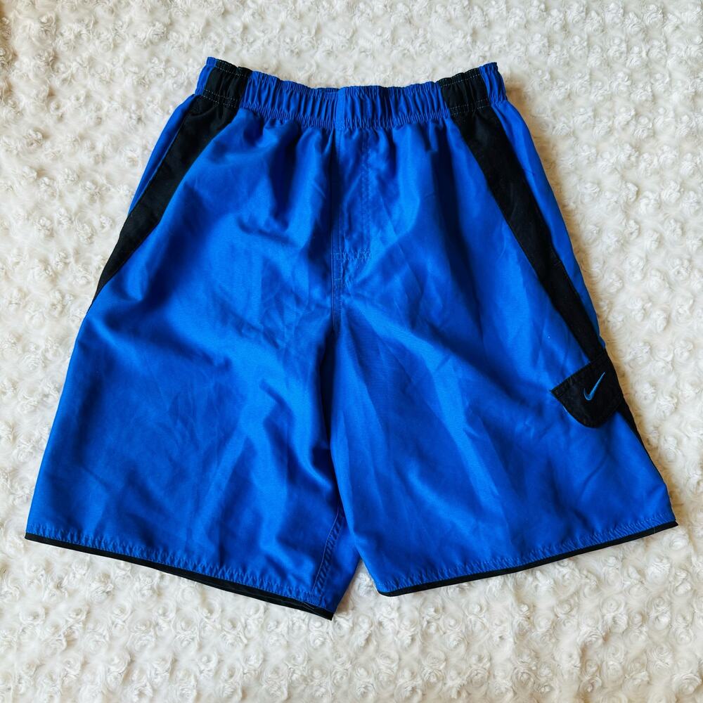 NIKE Swoosh Elastic Drawstring Lined Board Shorts Cargo Blue Swim Trunks Small